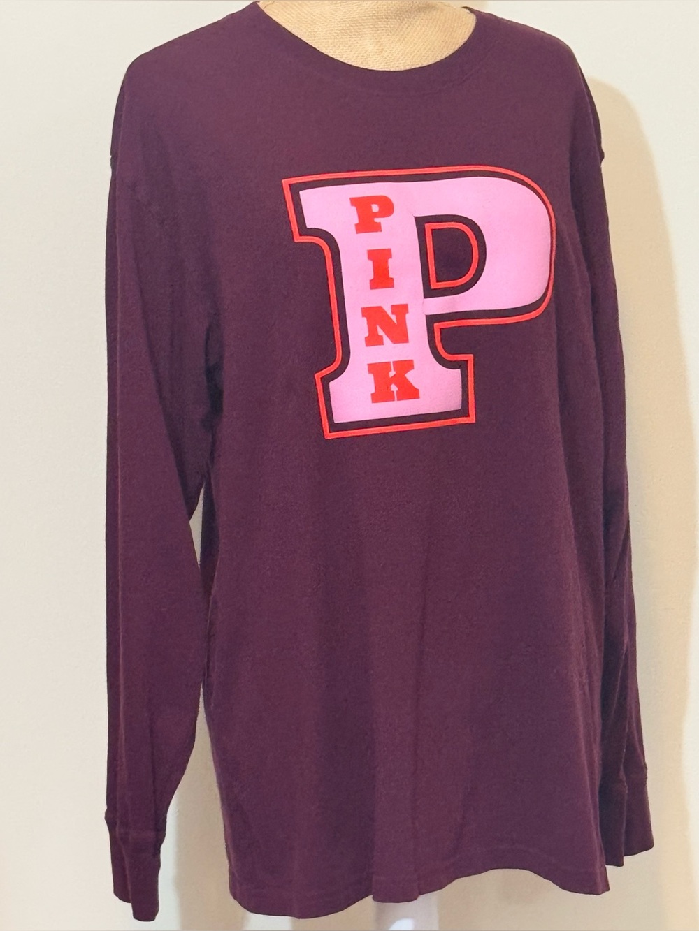 PINK Victoria's Secret Burgundy Crewneck LS Tee with PINK Logo, Medium